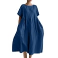 thumbnail image 1 of Robes Caftans en Coton et Lin pour Femmes Grande Taille à Manches Courtes Amples et Larges Robe Maxi Plissée à Volants Longue Robe Bleu, 5TG, 1 of 3