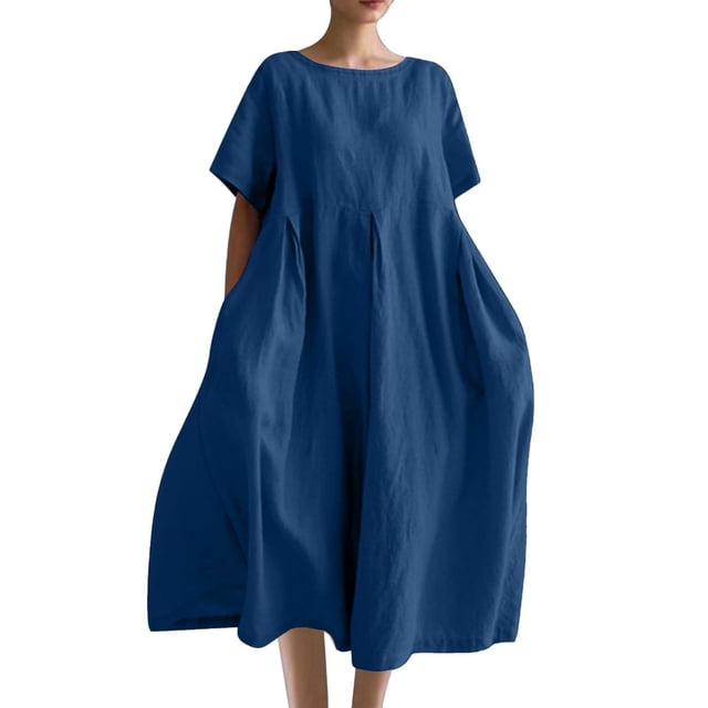 Robes Caftans en Coton et Lin pour Femmes Grande Taille à Manches Courtes Amples et Larges Robe Maxi Plissée à Volants Longue Robe Bleu, 5TG