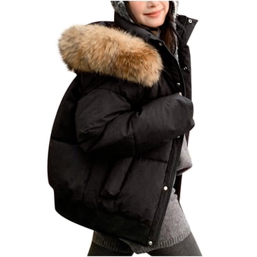 Ecqkame Women's Down Jackets Big Hair Collar Solid Color Full Zip Hooded Jacket Winter Thick Warm Long Sleeved Outerwear Coats Black M