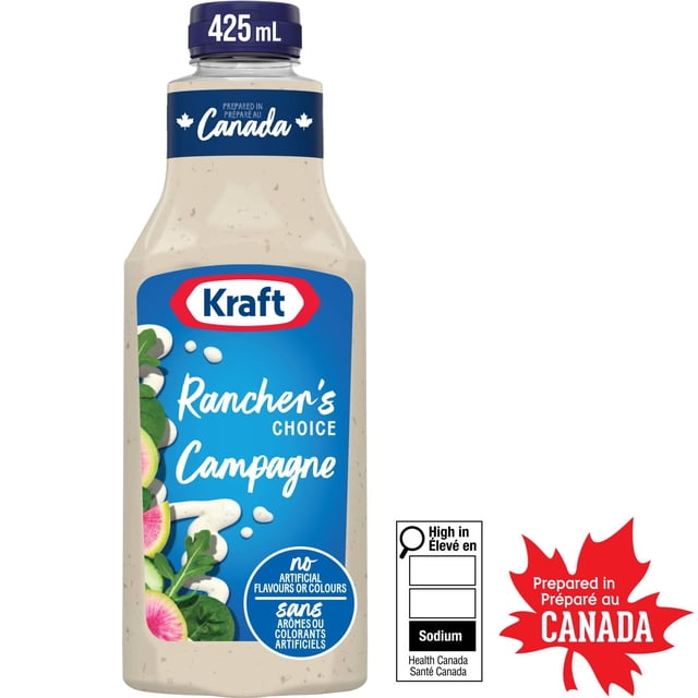 Kraft Rancher's Choice Salad Dressing 425 mL bottle with blue label and Kraft logo, creamy ranch dressing prepared in Canada with no artificial flavours or colours, bottle made from 50% post-consumer recycled plastic, suitable for salads, sandwiches, wraps, and as a marinade or dip.