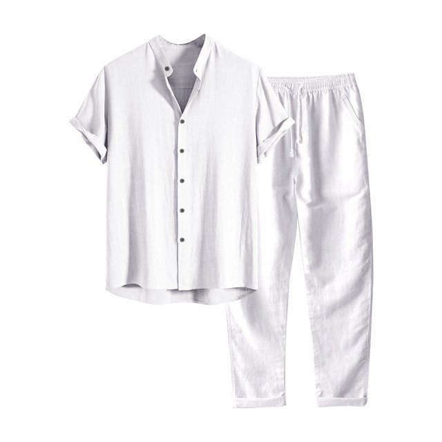 Costumes de Bal Décontractés pour Hommes de Printemps Unis Couleur Manches Courtes Col Rabattu Smoking pour Hommes Haut à Col Pantalon Long Costumes pour Hommes Costume Ajusté