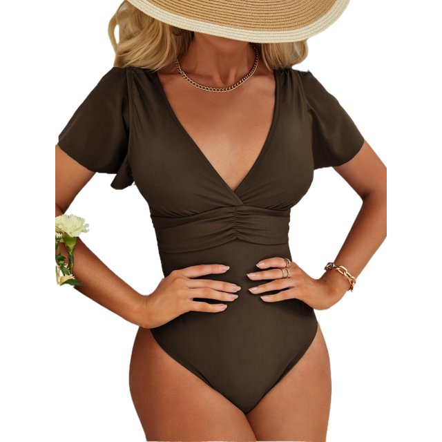 BEAUTYIN One Piece Swimsuits for Women Trumpet Sleeve V Neck Ruched Monokini Bathing Suits