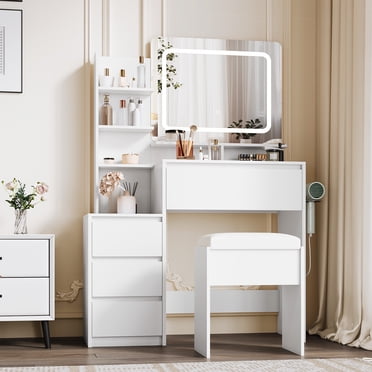 Coiffeuse Moderne avec Miroir et Lumières DEL Ajustables, Table de Maquillage de 36 Po – 4 Tiroirs, 4 Étagères de Rangement, Prise de Courant, Ports USB et Tabouret – Ensemble de Coiffeuse pour Chambre, Blanc