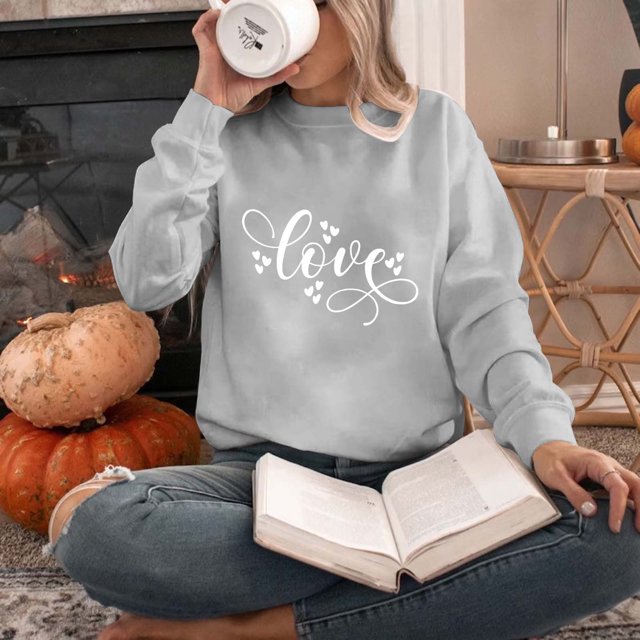 Qertyioot T-Shirt Graphique pour Femmes de la Saint-Valentin à Manches Longues, Chandail d Haut Imprimé à Col Rond à la Mode