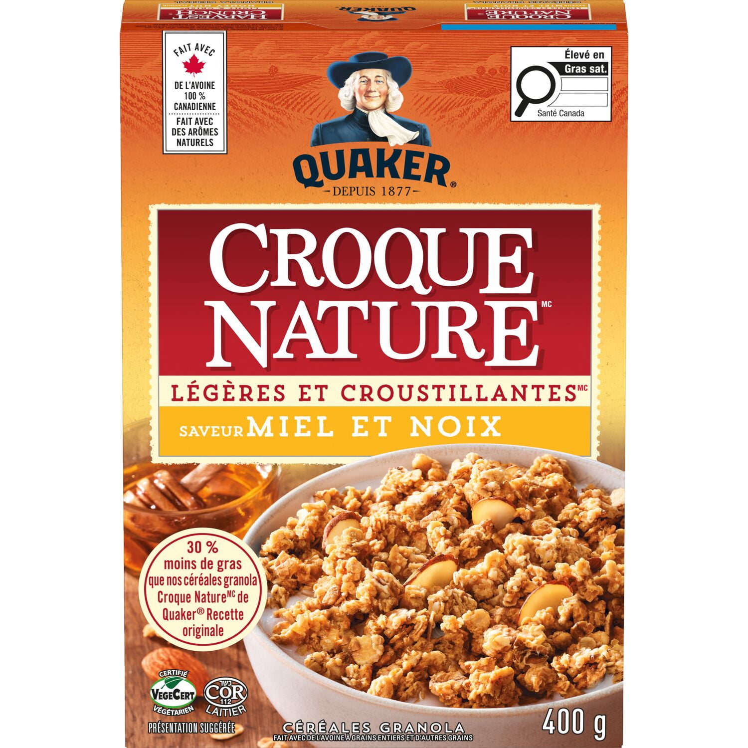 Quaker Céréales granola Croque Nature Légères et croustillantes Saveur Miel et noix