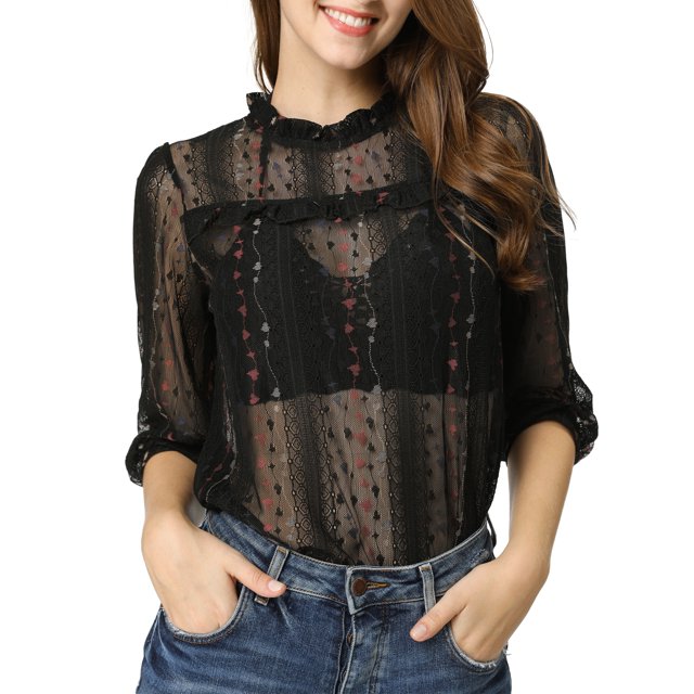 INSPIRE CHIC Women's 3/4 Sleeves Ruffle Mock Neck Sheer Lace Top
