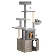 Kojooin 2-in-1 Cat Tree with Hidden Litter Box Enclosure, Multi-Level Cat Tower with Scratching Post, Hammock and Condo
