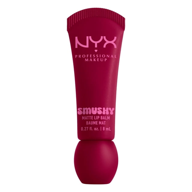 NYX Professional Makeup Smushy Matte Lip Balm in a deep berry matte tube with a rounded cap, containing 0.27 fl. oz. (8 mL) of vegan tinted lip balm that provides a lightweight, buildable matte finish with a soft, smushy texture for comfortable all-day wear.