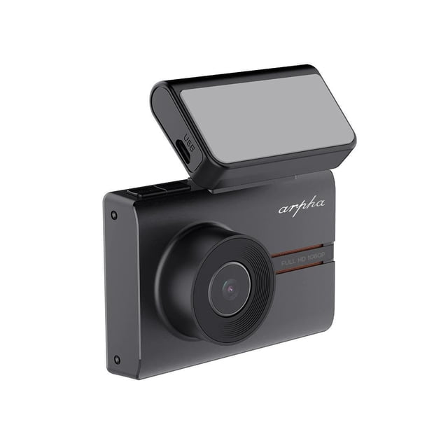 Arpha 3.0" OLED Touch Screen Wi-Fi/GPS 1080p Dash Cam with a matte black rectangular body, circular front camera lens, detachable 3-inch OLED touch display on top with USB port, and 'arpha' branding, designed for clear full HD vehicle recording and easy real-time Wi-Fi access.