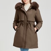 Mceream Womens Winter Coats Shaggy Hooded Warm Parka Jacket Mid-Length Thicken Thermal Padded Outerwear with Removable Sleeve Plus Size Outwear Abrigo Largo De Invierno Para Mujer Coffee XL