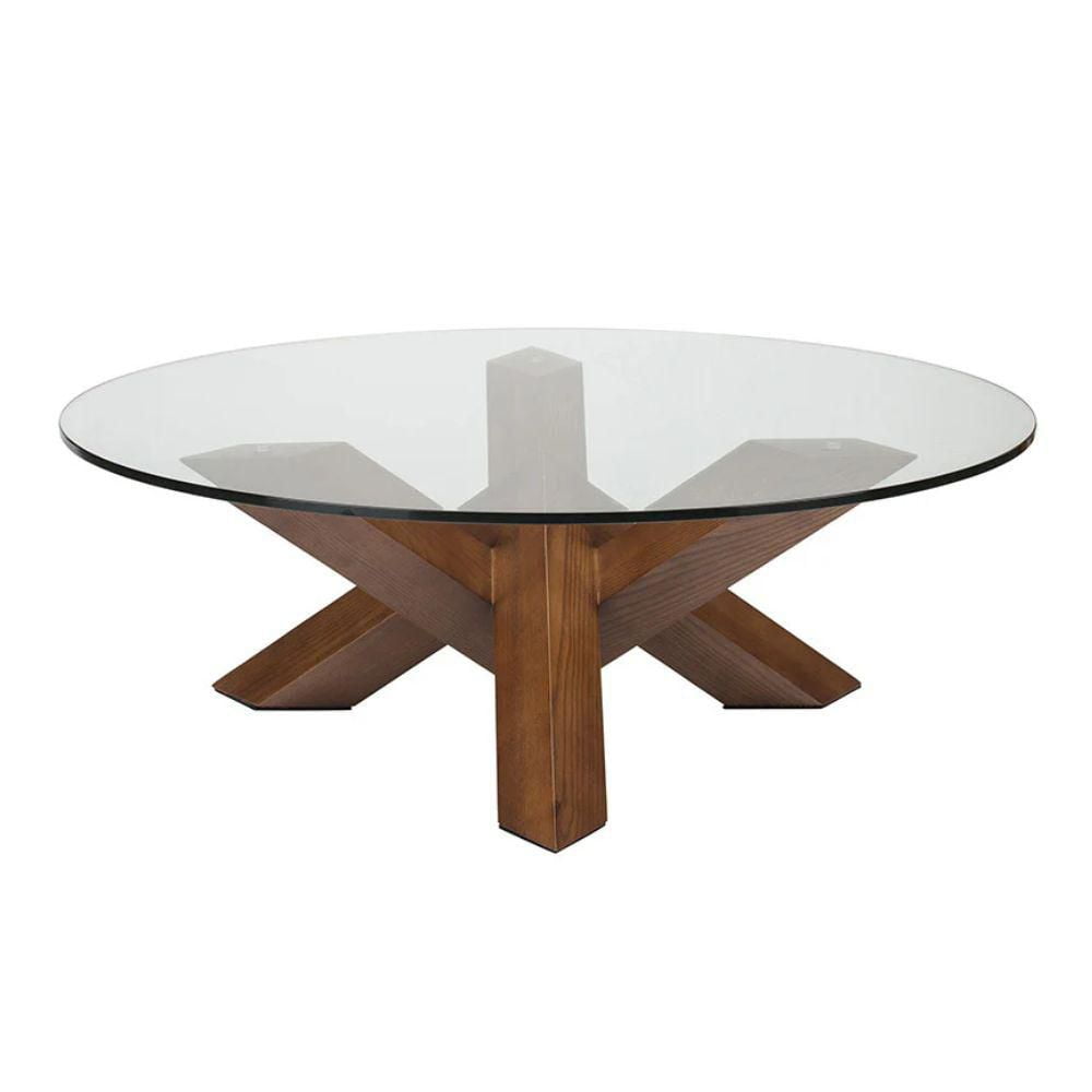 Table basse en noyer avec plateau en verre trempé transparent