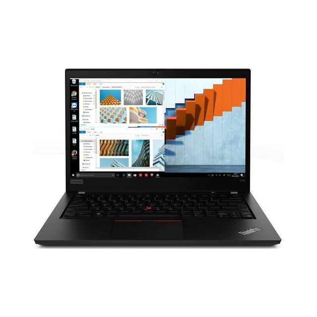 Lenovo ThinkPad T490 Ordinateur Portable Professionnel avec Écran de 14 Pouces, Processeur Intel Core i5-8265U jusqu'à 3,9 GHz, 16 Go de RAM DDR4 et SSD de 1 to. Les Fonctionnalités Incluent une Caméra Intégrée, une Connectivité Bluetooth et le Système d'Exploitation Windows 10 Pro. Modèle Remis à Neuf Affichant une Vue Frontale avec l'Écran Affichant une Fenêtre d'Explorateur de Fichiers et des images.