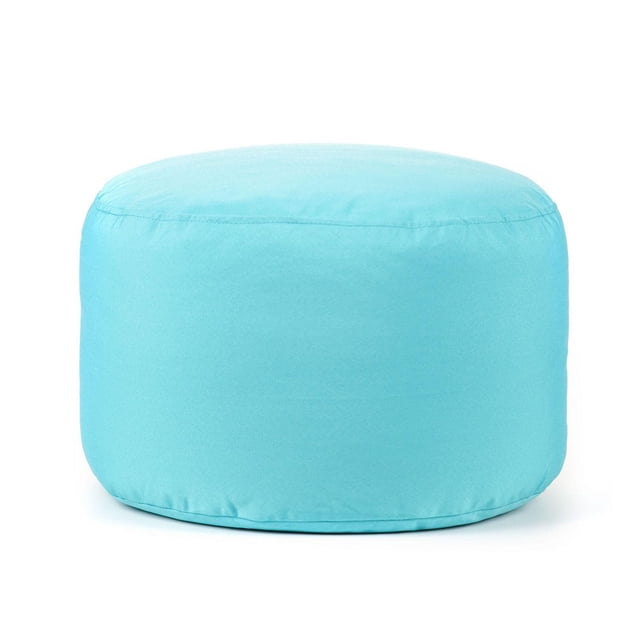 Gouchee Home Soleil Indoor/Outdoor Ottoman in peacock blue, compact round pouf with water-repellent olefin fabric and polystyrene bead filling, lightweight and durable for use as a footrest or casual seat on patios and living rooms