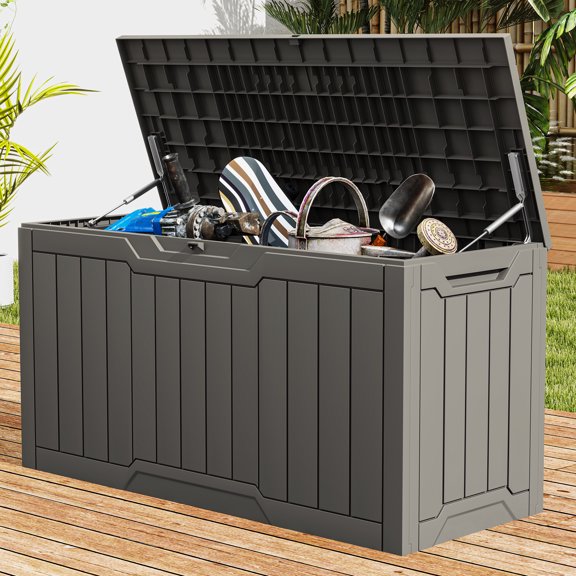DEXTRUS Coffre de Terrasse Extérieur en Résine de 80 Gallons avec Poignées Latérales, Rangement pour Meubles de Patio Étanche et Verrouillable, Brun Pâle