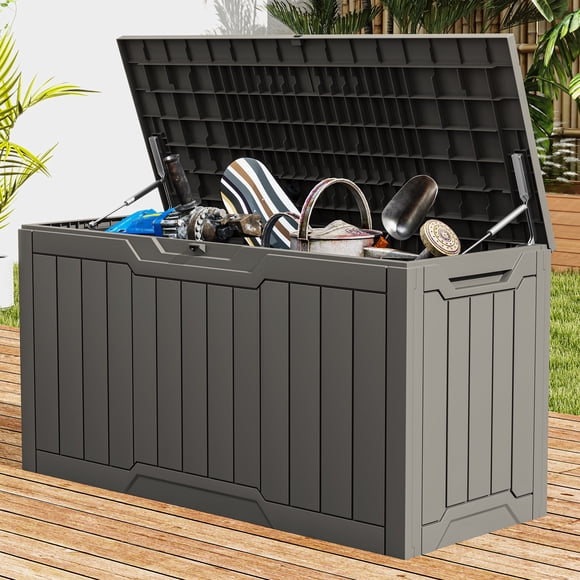 DEXTRUS 80 Gallon Outdoor Resin Deck Box with Side Handles, Weatherproof & Lockable Patio Furniture Storage, Light Brown