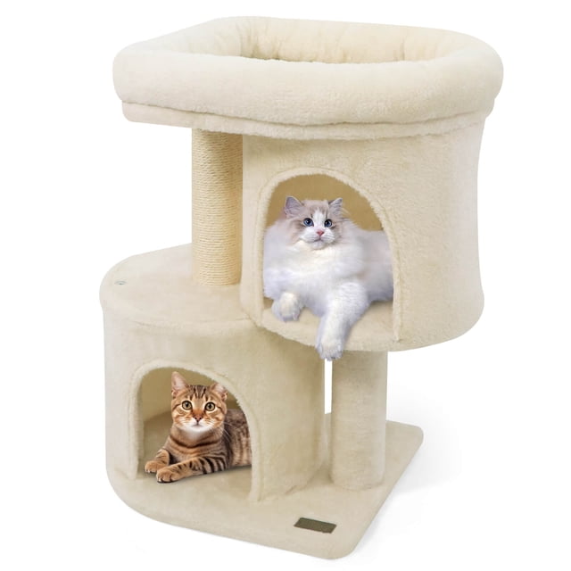 Costway 26" Small Cat Tree with Large Padded Plush Perch, 2 Condos, Sisal Scratching Posts Beige