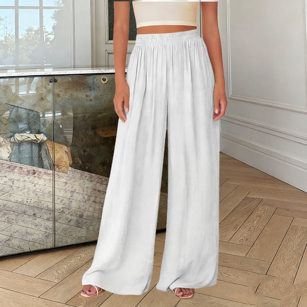 Bottams Soft Linen Pants Womens Mifsaly High Waisted Linen Pants Women Wide Leg Flowy Lounge Trousers  Elastic Waist Casual Beach Pant Summer Soft Lightweight Comfortable Bottoms