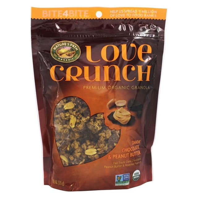 Nature's Path Organic Love Crunch Dark Chocolate & Peanut Butter granola in an 11.5 oz (325 g) resealable bag. The packaging features a heart-shaped window revealing granola clusters made with organic whole grain oats, Fair Trade dark chocolate chunks, and peanut butter. The bag highlights certifications such as USDA Organic and Non-GMO Project Verified.