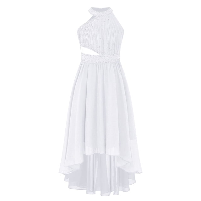 RUNQHUI Robe de Demoiselle d'Honneur Sans Manches en Mousseline à Ourlet Irrégulier pour Filles Enfants pour Fête Robe Blanche 16