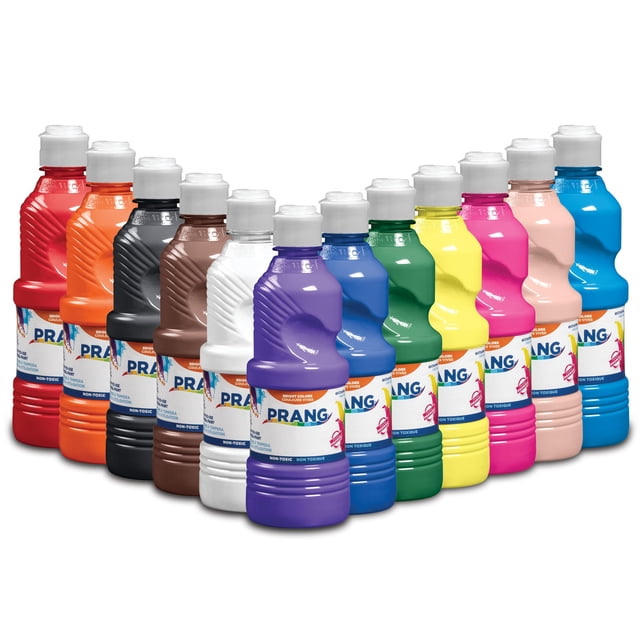 Prang Ready-to-Use Tempera Paint, Assorted Colors, 16 Oz., 12 Count. A front-facing view of twelve bottles of tempera paint in vibrant assorted colors, including red, orange, black, brown, white, purple, green, yellow, pink, peach, and blue. Each bottle features a textured design and a white cap, with the Prang logo and non-toxic labeling visible on the packaging. Ideal for art painting supplies and creative projects.