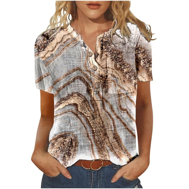 Cameland T-Shirt à Manches Courtes Décontracté d'Été pour Femmes, à Boutons, Col Rond, Chandail Blouse Hauts