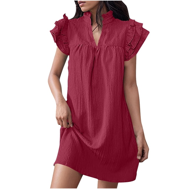 FcBaudy Robe à Manches Courtes à Col en V, Robes d'Été pour Femmes, Robes pour Femmes Mode Robe Décontractée pour Femmes - Robe à Col en V à Manches Courtes Longue Robe à Taille Longue Jupe Plissée en Soie Glacée pour Dames