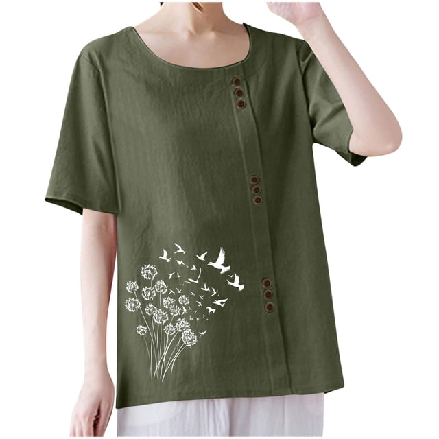 T-shirts en Lin à Col Rond Oversize pour Femmes, Manches Courtes, T-Shirts en Coton, Imprimé Floral, à Boutons, Blouses Tendance