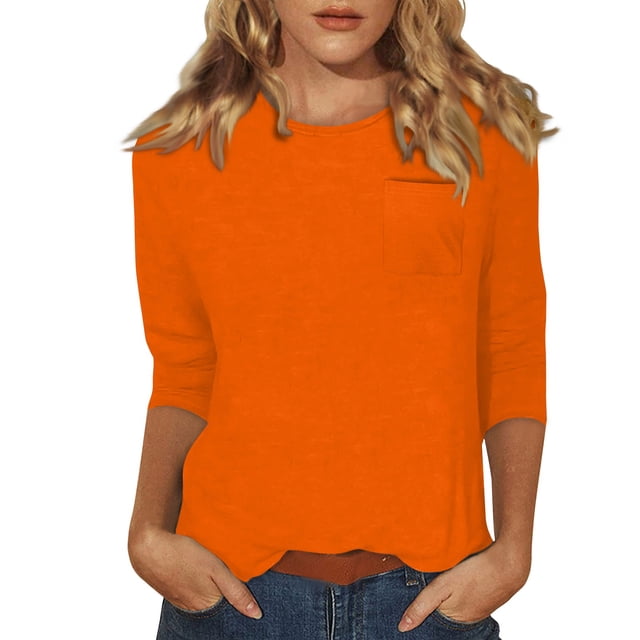 DENGDENG Hauts pour Femmes Chic Décontracté Manches 3/4 Col Rond T-Shirts Amples d'Été Tunique au Coude Hauts de Bureau Chemises Trois Quarts en Liquidation {1111} avec Poche Orange m