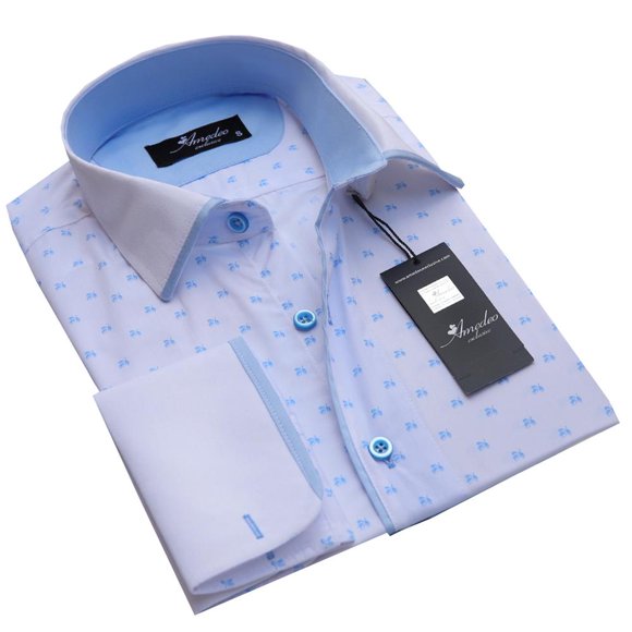 Amedeo Exclusive White With Light Blue Mens Slim Fit French Cuff Dress Shirts with Cufflink Holes - Casual and Formal, XL