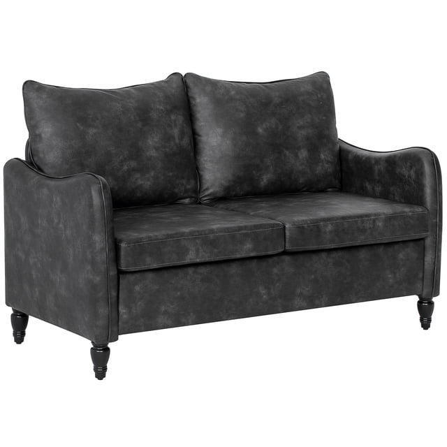 HOMCOM 55" Loveseat Sofa, a small 2-seater couch with solid wood legs and a grey PU leather finish. Features curved armrests, separate cushions, S-spring support, and sponge padding for cloud-like comfort. Modern design ideal for living room seating, guest rooms, or compact apartments. Supports up to 529 lbs.