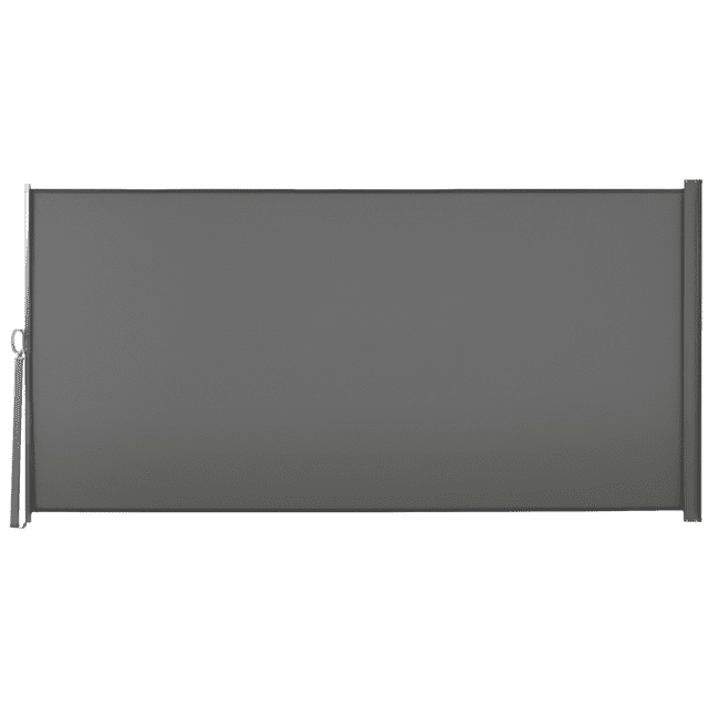 Outsunny 118" x 63" Retractable Side Awning Folding Privacy Screen in grey, featuring a durable polyester fabric with PA coating for UV resistance, waterproofing, and easy cleaning. The screen is supported by a high-quality steel frame and includes an automatic roll-back function for convenience. Designed for outdoor use on patios, terraces, or balconies, it provides privacy, blocks light breezes, and reduces low sun exposure. Dimensions are 118.1 inches in length and 63 inches in height.