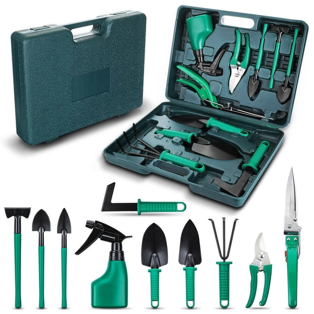 10 Pcs Garden Tools Set by PEPISKY, including gardening tools such as trowel, rake, weeder, pruner shears, sprayer, and more. Tools are organized in a green portable carry case with molded slots for easy storage. Features ergonomic rubber handles and rust-resistant iron heads for durability, ideal for gardening enthusiasts.