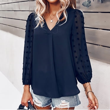 CEHVOM Women's Fashion Summer Solid Color V-Neck Long Sleeve Chiffon TopS