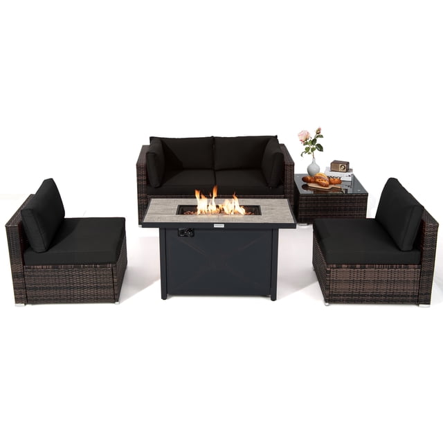 Patiojoy 6 Pieces Outdoor PE Rattan Wicker Sectional Sofa with 42" 60,000 BTU Gas Fire Pit Table, Patio Conversation Set with Tempered Glass Coffee Table Black