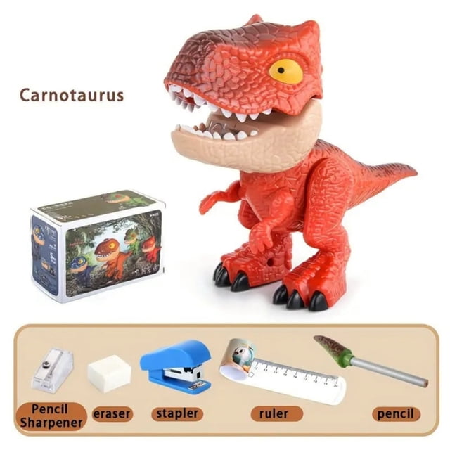 Product Category Craft & Stationery | Product Title 5 In 1 Dinosaur Stationery Set for Kids Includes Pencil Sharpener Eraser Flexible Ruler Stapler Dinosaur Model Theme Stationery