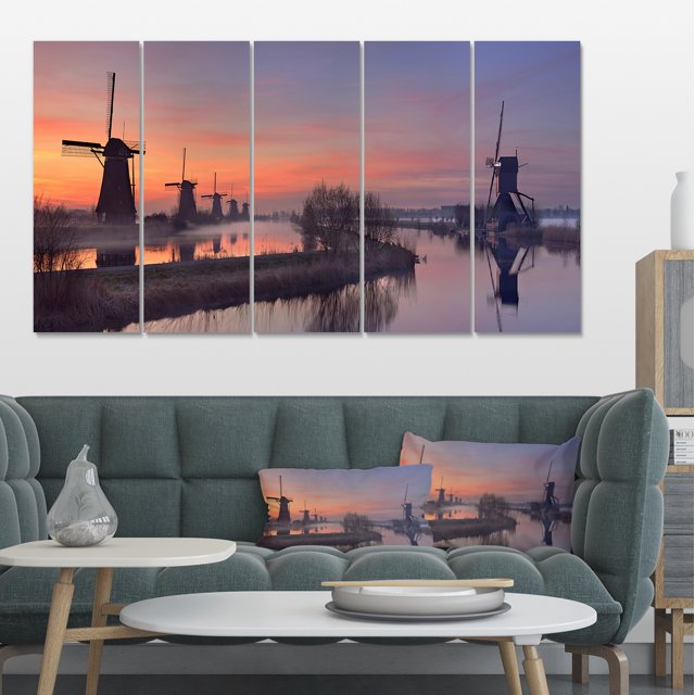 Windmills at Sunrise Panorama - Landscape Canvas Art Print