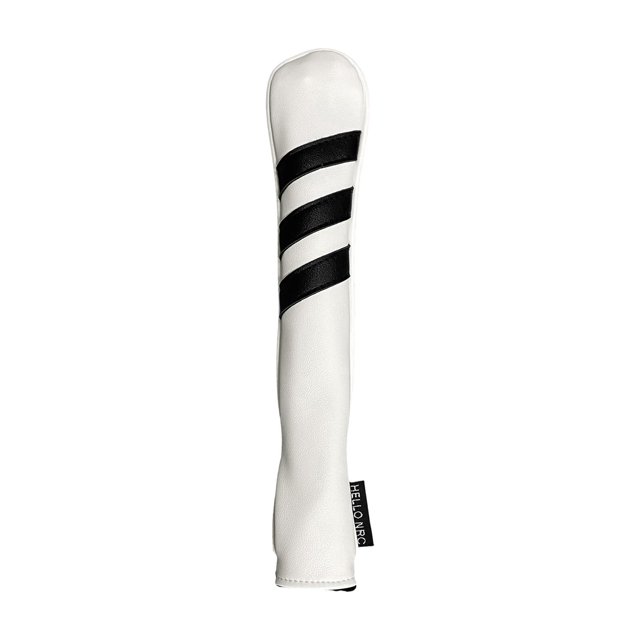 Almencla Golf Alignment Stick Cover in white PU leather with black diagonal stripes, featuring a plush inner lining for scratch protection. Measures 40cmx9cm (15.75inchx3.54inch). Ideal for golf training, posture correction, and use as an indicator rod holder.