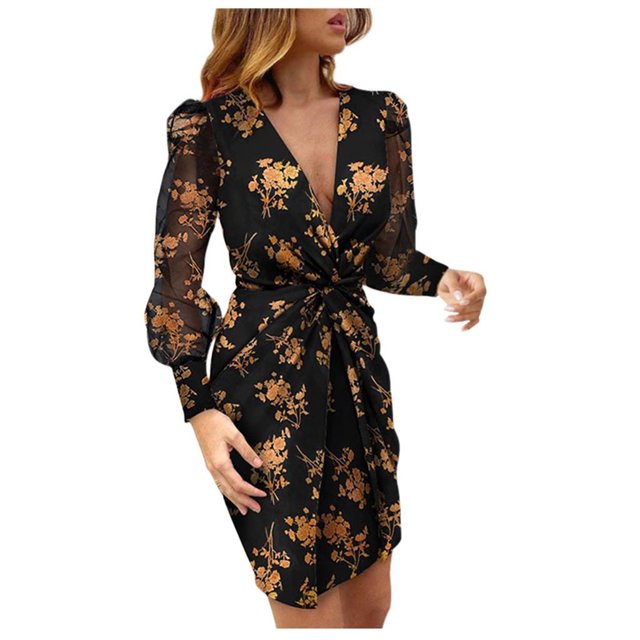 Birdeem Robe Femme Imprimée à Manches Torsadées Robe Midi Aguichant à Décolleté en V Profond