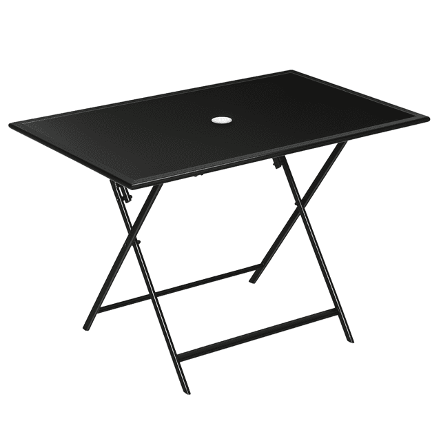 Outsunny Table à Manger d'Extérieur Pliable avec Trou pour Parasol, Noir. un Plateau Rectangulaire en Verre Trempé avec un Trou central pour Parasol pour l'Ombre, Idéal pour les Installations de Salle à Manger d'Extérieur Ou de Mobilier de patio. Soutenu par un Cadre en Métal Noir Robuste avec Revêtement en Poudre et Patins Antidérapants. Conception Pliable pour un Rangement compact, Convient aux patios, Terrasses Ou Petits Rassemblements.