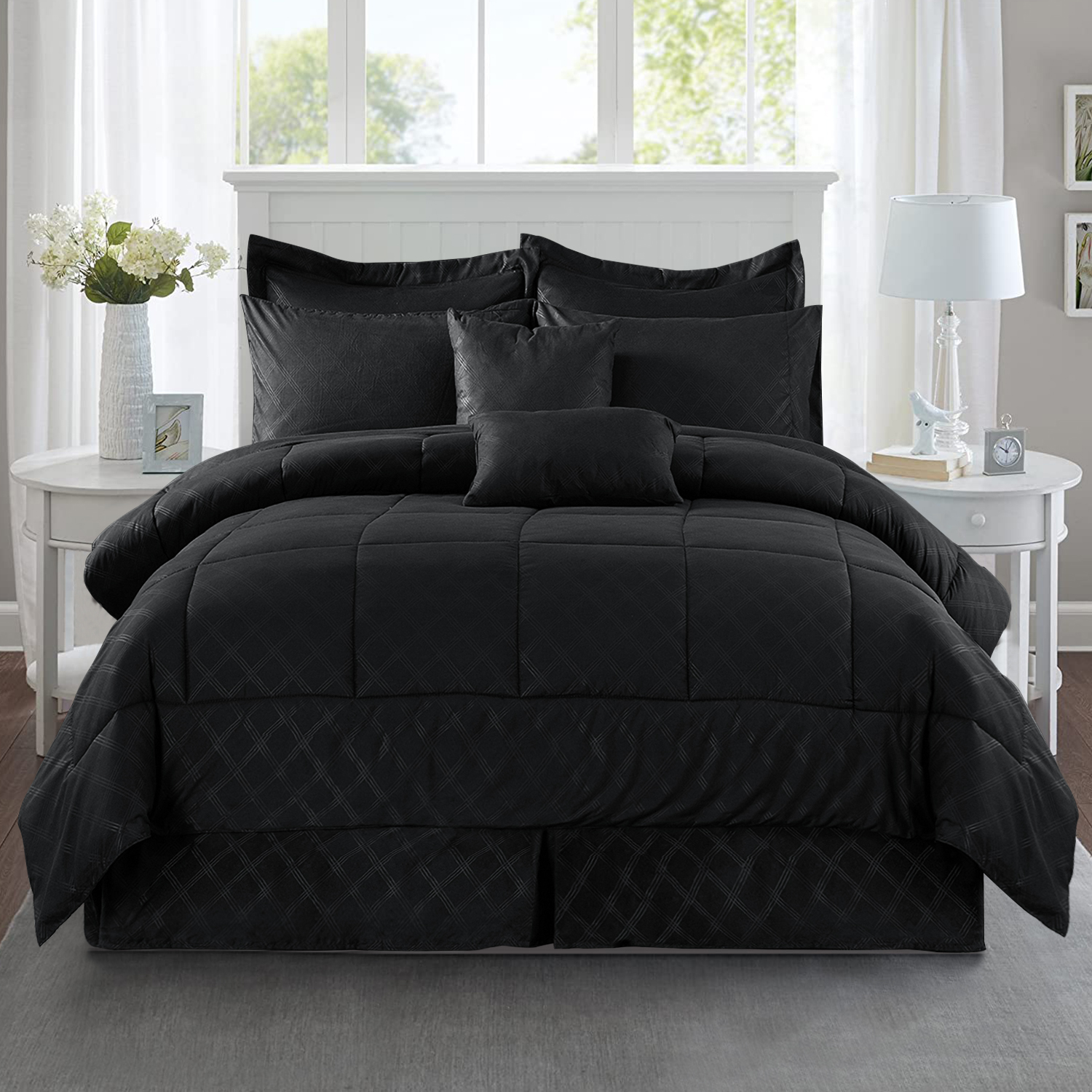 JML 10 Piece Bed in a Bag Quilted Diamond Comforter Set with Sheets, King, Black
