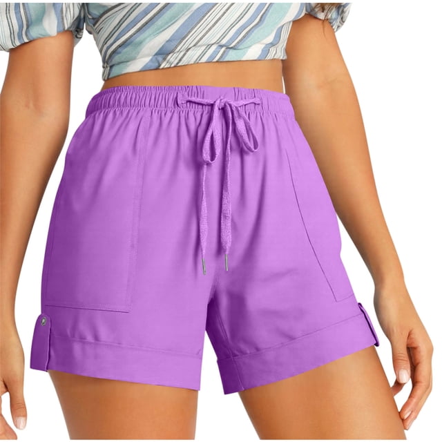 Casual Shorts for Women, Elastic Waist with Drawstring, Side Pockets, Loose Fit, Polyester Fabric, Solid Color, Summer Spring Wear
