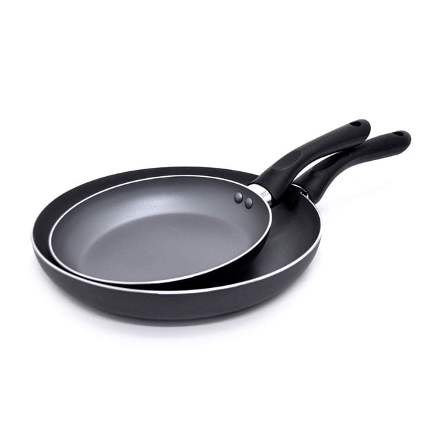 Starbasix Non-Stick Fry Pan Set, 2 Pieces, 20cm and 26cm, showing two black aluminum pans with non-stick surfaces and black Bakelite handles, stacked on a white background, oven safe to 350°F and dishwasher safe, suitable for frying, sautéing, and warming meals.
