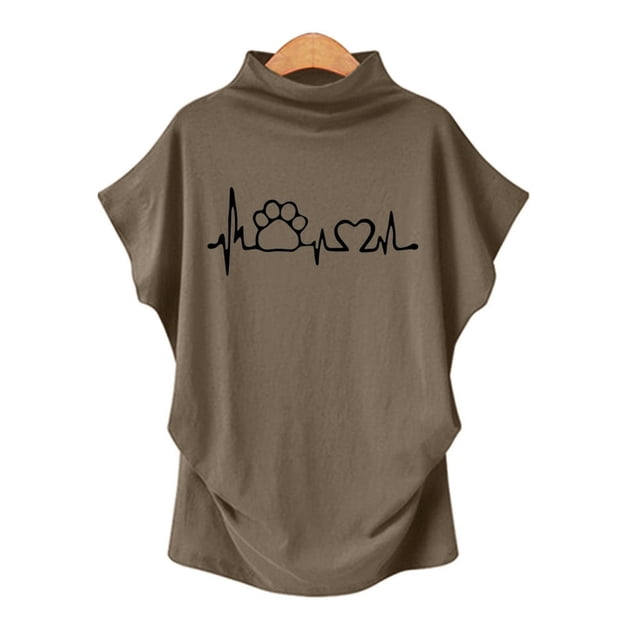 Femme Col Roulé Manches Courtes Coton Imprimé Blouse Décontractée Haut T-Shirt Grande Taille