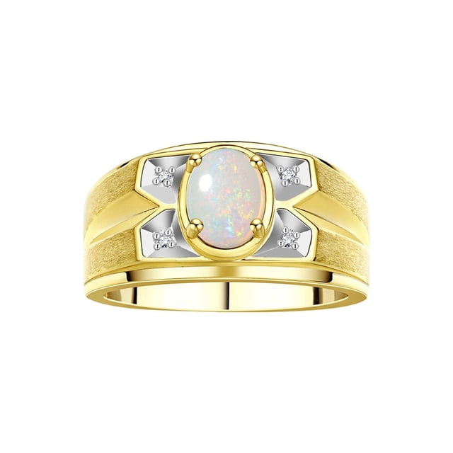 RYLOS Men's Rings 14K Yellow Gold Rings Classic Designer Style 8X6MM Oval Gemstone & Diamond Ring Opal October Birthstone Rings For Men Size 11