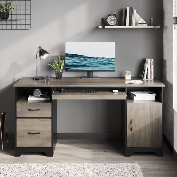 Bestier Bureau d'Ordinateur de 59”, avec Tiroirs, Bureau Exécutif avec Armoire de Rangement, Plateau pour Clavier pour Bureau à Domicile, Gris