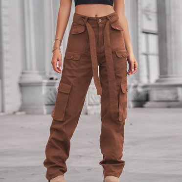 JMYHOAM Women's Cargo Pants Solid Color Hippie Punk Trousers Streetwear Joggers Pockets Loose Overalls Long Pants Cargo Pants with Pockets