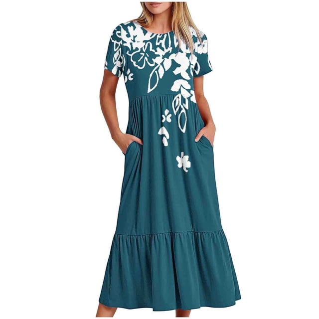 Pisexur Robes d'Été pour Femmes Col Rond Robe Fluide Plissée Tendance Manches Courtes Mode avec Poche Plage Été Évasée Imprimé Floral 2024 Robes