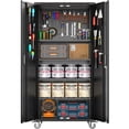 thumbnail image 1 of Ourlova Garage Storage Cabinet 72 Inch Locking Wheels Pegboard 4 Adjustable Shelves Black, 1 of 5