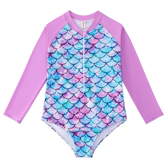 Kids Girls Rash Guard Swimsuit Flower Graphic Printed Sun Protection Long Sleeve Bathing Suit Girls 5-6 Years Girls Clothing