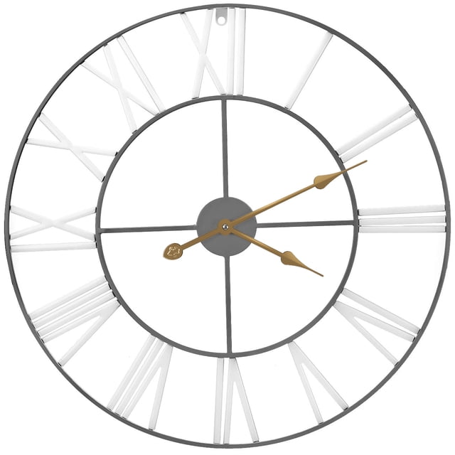 Decorative Large Metal Wall Clock for Living Room - Modern Farmhouse Wall Décor with an oversized round metal frame, distressed white Roman numerals, and gold-tone hands. This battery-operated clock complements industrial, rustic farmhouse, and vintage interiors, ideal for dining rooms, foyers, or offices.